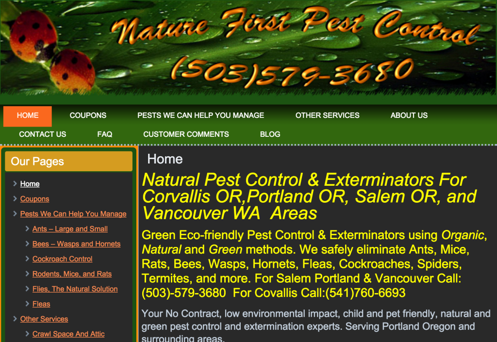 Nature First Pest Control's website is cluttered and has no clear focus or call to action