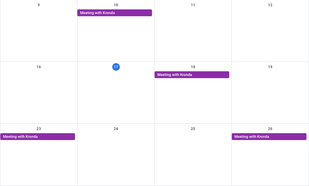 A calendar shows a number of meetings seemingly with myself, i.e. "Meeting with Kronda"