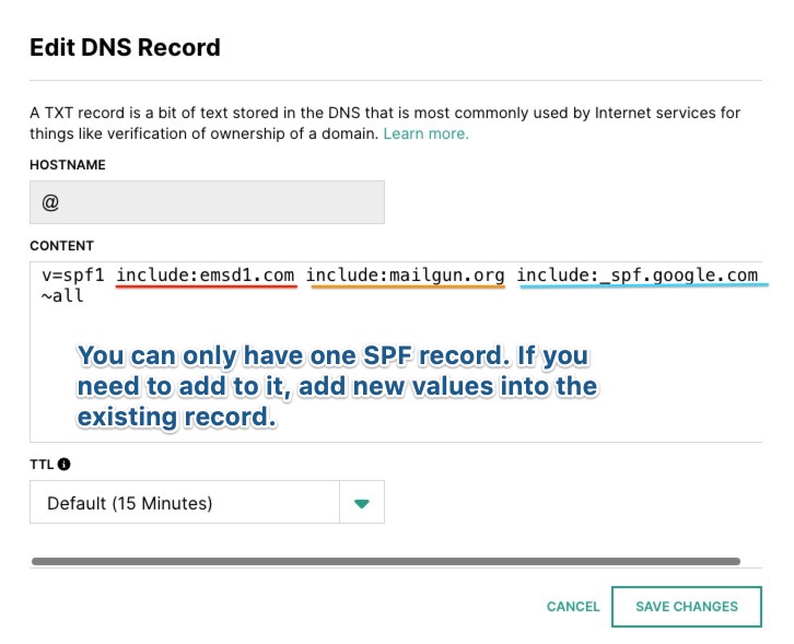 Example of an SPF record with multiple values.